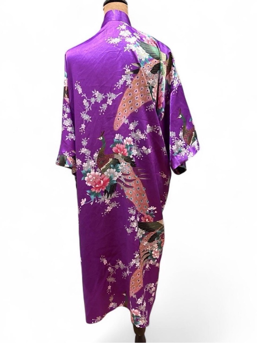 Purple Floral Peacock Satin Silk & Cotton Kimono Robe